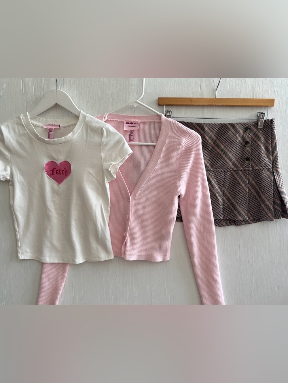 FOREVER x 21 MEAN GIRLS 3-Piece Complete Outfit Cardigan Plaid Skirt Tee Size S